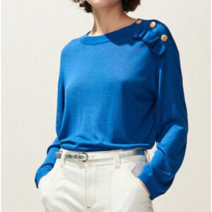 Claudie Pierlot 2 Sweater Blue Silk Blend Gold Button Ruffle Trim Pullover Top